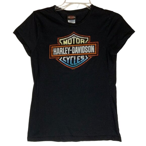 Daytona Beach Harley-Davidson Womens T-Shirt Medium Black Cap Sleeves Bling Logo - Picture 1 of 6